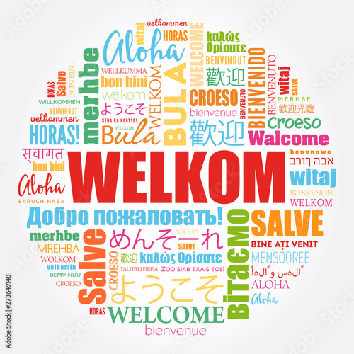 Welkom (Welcome in Afrikaans) word cloud in different languages, conceptual background