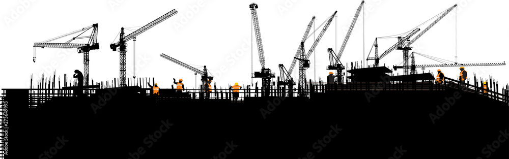 panorama with black buildings and ten cranes on white panorama with black buildings and ten cranes on white