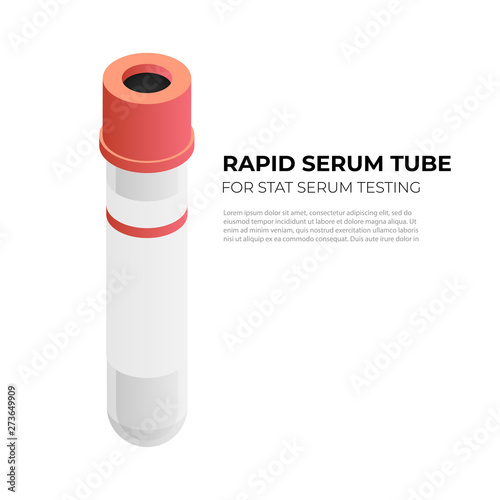 Rapid serum tube vacutainer for stat serum testing in isometric design, vector illustration isolated on white background. Vacuum tube with orange cap infographic element, blood tube isometric icon.