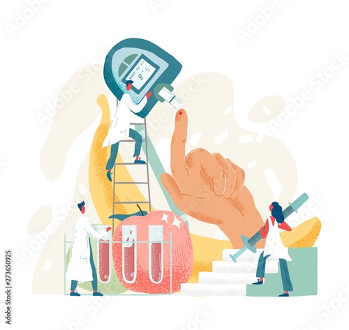 Composition with doctors or physicians holding fingerstick or fingerprick blood tester. Medical device for glucose testing or sugar level check. Laboratory service. Modern flat vector illustration.