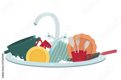 Kitchen sink with clean dishes and towels. Housework.