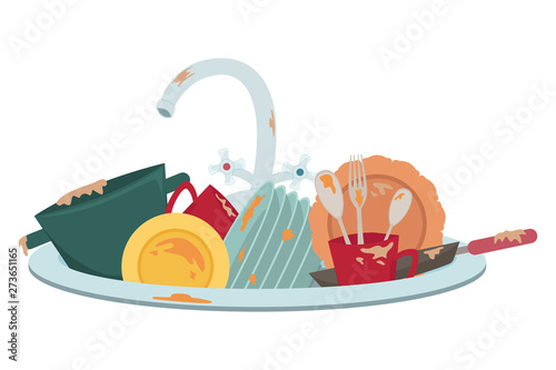 Kitchen sink with dirty dishes. Housework. Isolated illustration.