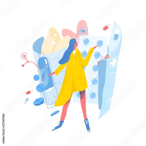 Cute young woman standing against blisters with pills, prescription drugs, tablets or medications