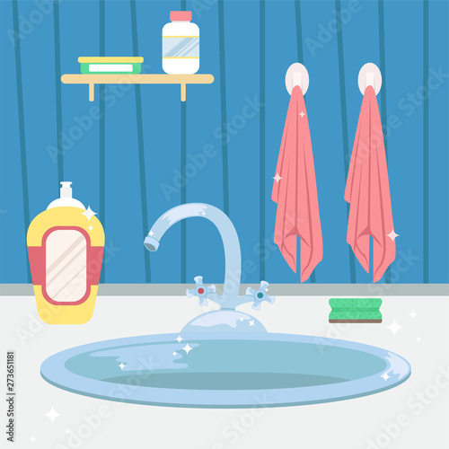 Clean kitchen sink. Housework. Flat cartoon style vector illustration