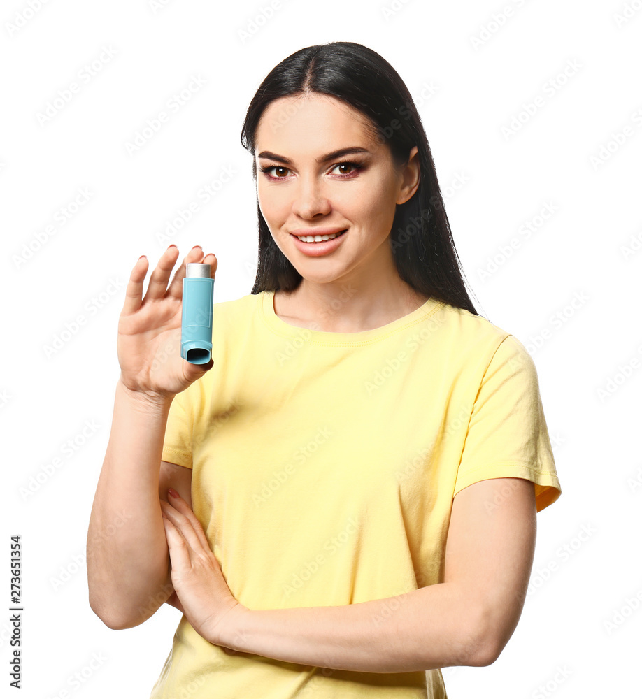 Young woman with inhaler on white background Young woman with inhaler on white background