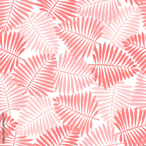 Tropical seamless pattern with coral palm leaves. Vector illustration