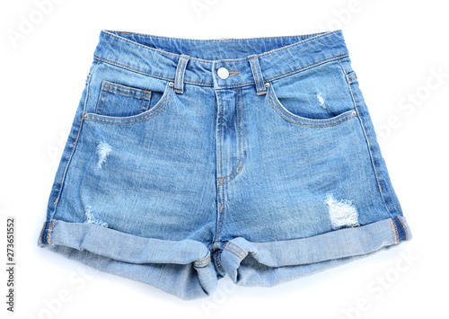 Stylish jeans shorts on white background photo