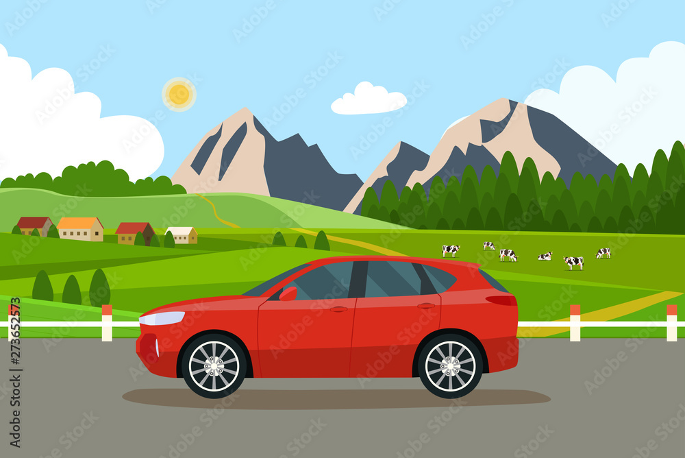 Car on the background summer landscape with village and herd of cows on the field. Vector flat style illustration.