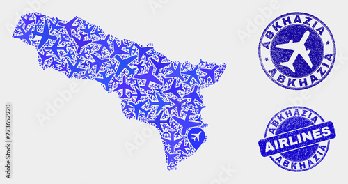 Airline vector Abkhazia map mosaic and scratched stamps. Abstract Abkhazia map is composed with blue flat randomized airline symbols and map locations. Delivery plan in blue colors,