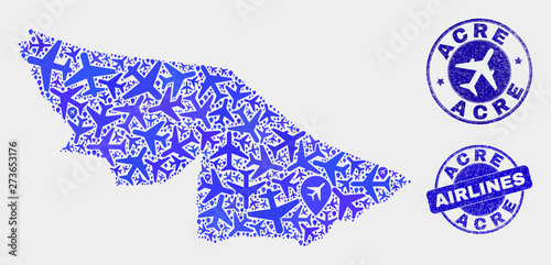 Aircraft vector Acre State map mosaic and grunge watermarks. Abstract Acre State map is formed from blue flat random aircraft symbols and map pointers. Shipping plan in blue colors, and rounded seals.