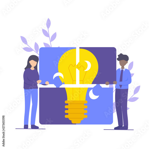 People connecting puzzle elements. Symbol of teamwork, idea, cooperation, partnership. Solutions and problem solving. Flat concept vector illustration for web page, website and mobile.