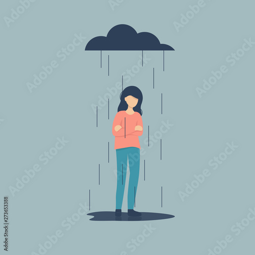 Sad female character standing under the rain. Overcast weather. Emotions. Solitude concept. Flat vector illustration design.