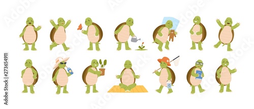 Collection of funny adorable tortoise isolated on white background. Set of cute turtle performing daily activities - sleeping, walking, watering flower, meditating. Flat cartoon vector illustration.