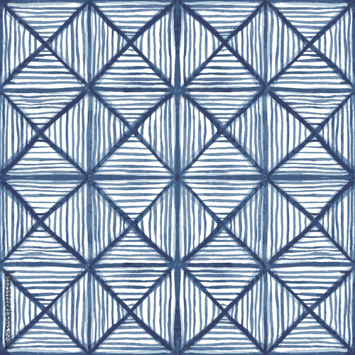 Shibori style indigo squares. Abstract seamless vector pattern
