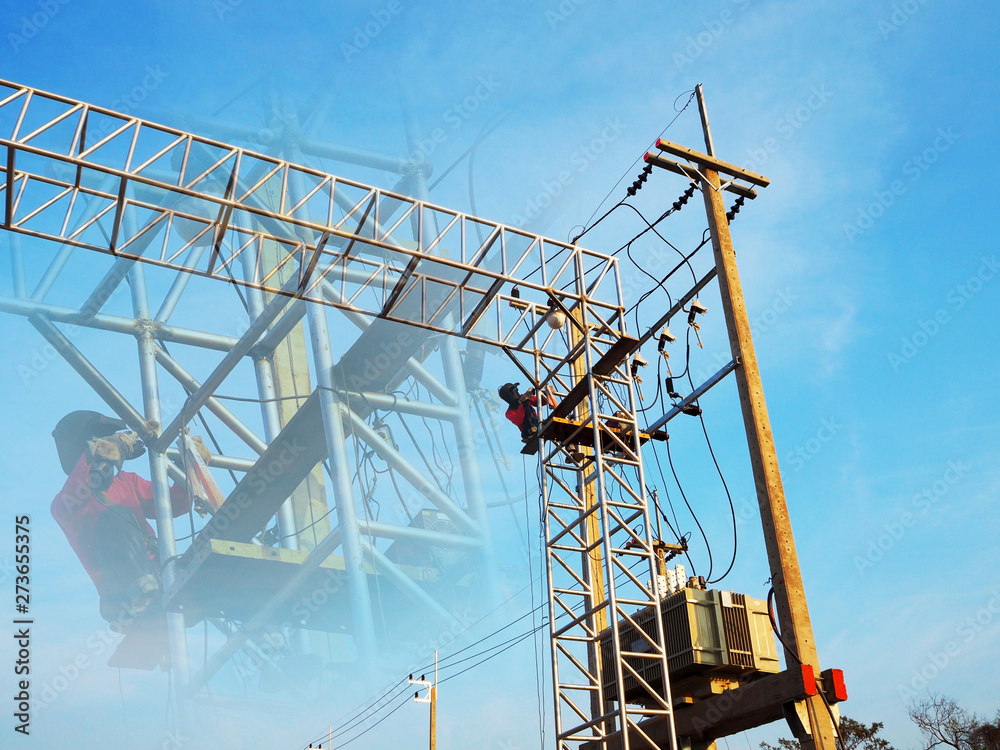 Welding work ,worker with protective welding metal on construction Welding work ,worker with protective welding metal on construction