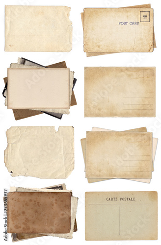 Set of various Old papers and postcards with scratches and stains texture isolated