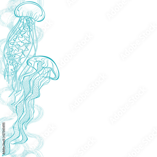 Sea background with jellyfish and place for text on white. Vector. Invitation, greeting card or an element for your design. Vertical composition.