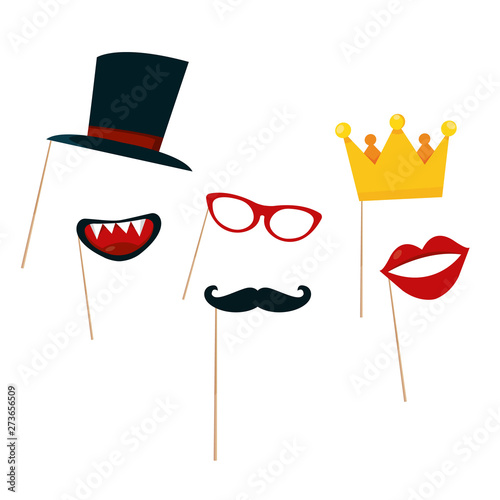 Modern vector illustration of photo booth props. Photobooth accessories for party, birthday, wedding, carnival  isolated on white background. Full set