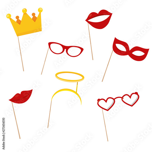 Modern vector illustration of photo booth props. Photobooth accessories for party, birthday, wedding, carnival  isolated on white background, lady's set for woman and princess.