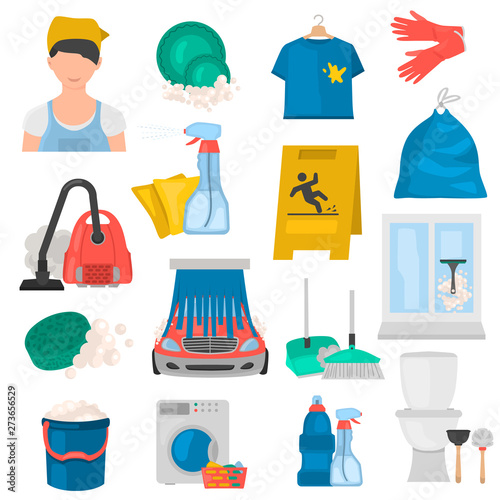Cleaning service process color vector icons set. Flat design