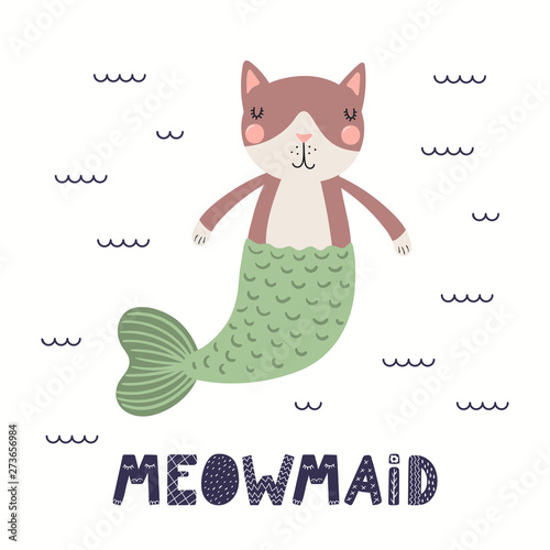 Hand drawn vector illustration of a cute cat mermaid swimming, with lettering quote Meowmaid. Isolated objects on white background. Scandinavian style flat design. Concept for children print. photo