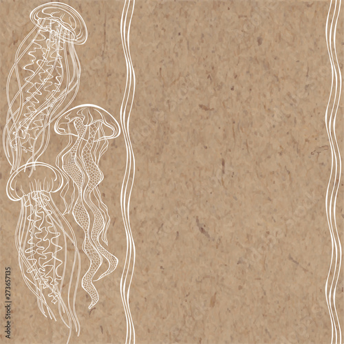 Sea background with jellyfish and place for text on kraft paper. Vector. Invitation, greeting card or an element for your design. Vertical composition.