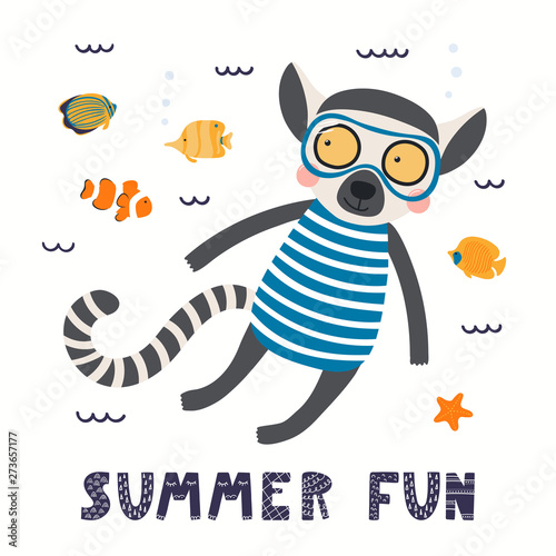 Hand drawn vector illustration of a cute lemur in summer snorkeling, with lettering quote Summer fun. Isolated objects on white background. Scandinavian style flat design. Concept for children print.