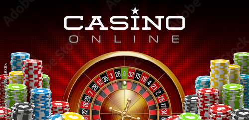 illustration Online Poker casino banner with realistic american roulette red surface table. Marketing Luxury red Banner Jackpot Online Casino with 3d classic roulette. Advertising poster poker chips