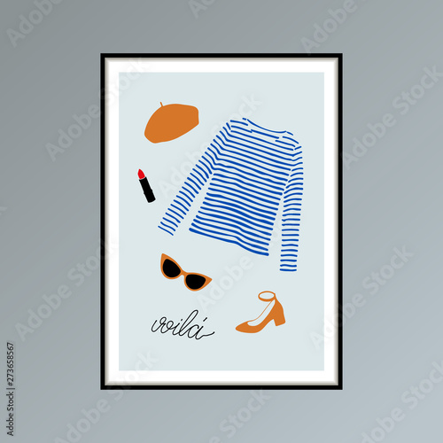 Poster with beret, striped longlsleeve shirt, sunglasses, shoe and hand lettered word voila, here you are in French.