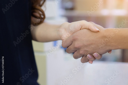 Woman and man shaking hands after meeting