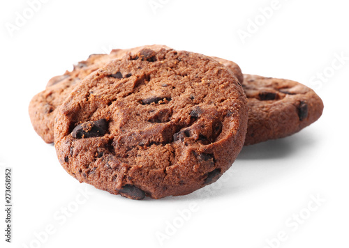 Tasty chocolate cookies on white background