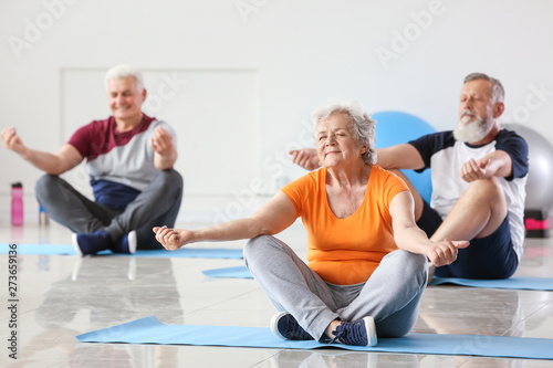 Elderly people practicing yoga in gym