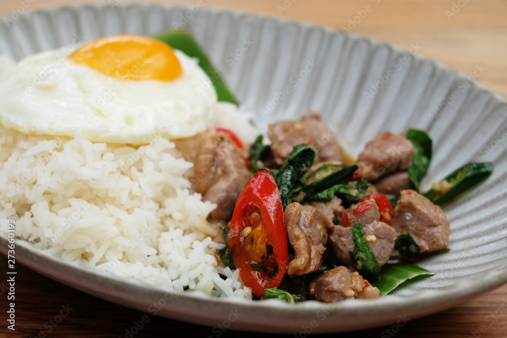 closeup stir fried beef, kaprow rice closeup stir fried beef, kaprow rice