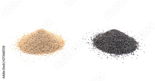Heaps of different poppy seeds on white background