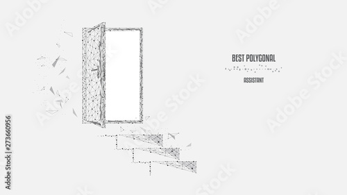 Steps to the door. Doorway. Polygonal illustration of triangles and points. Black and white. Design for various successful conceptual projects. Low poly.