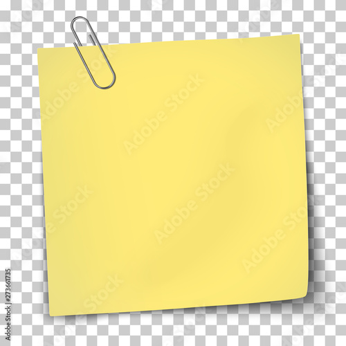 Vector paper mockup of yellow note attached by metallic paper clip placed on transparent background.