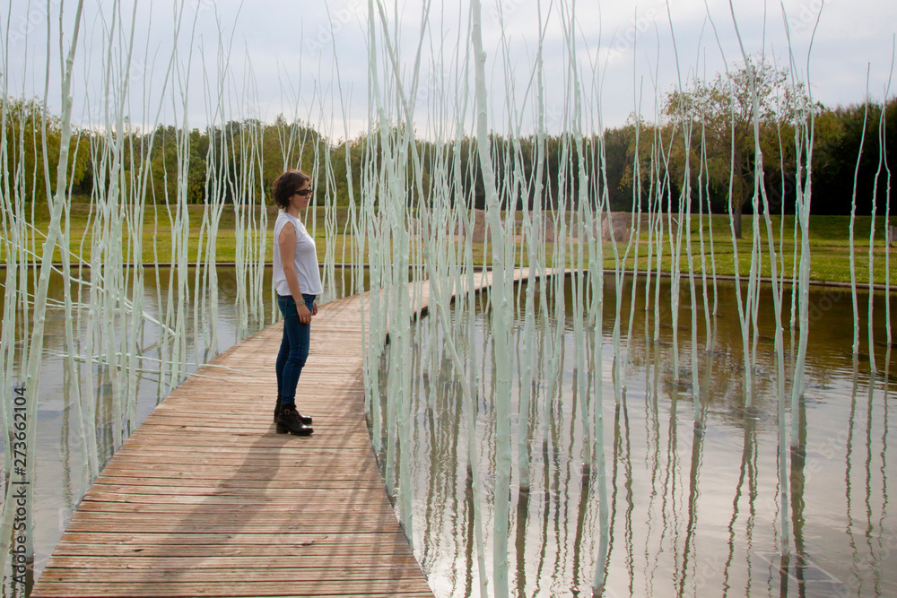 woman in a wooden path over a lake contemplating