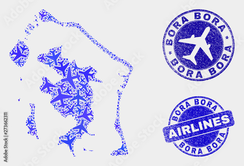 Air plane vector Bora-Bora map mosaic and scratched watermarks. Abstract Bora-Bora map is done from blue flat randomized airlines symbols and map pointers. Shipping plan in blue colors,