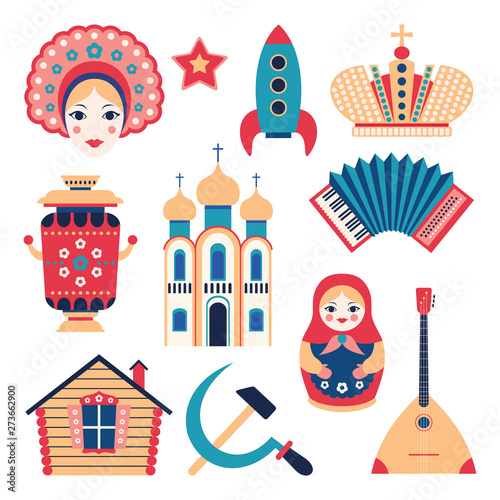 Russia travel set of traditional culture russian national symbols. Icons in flat style