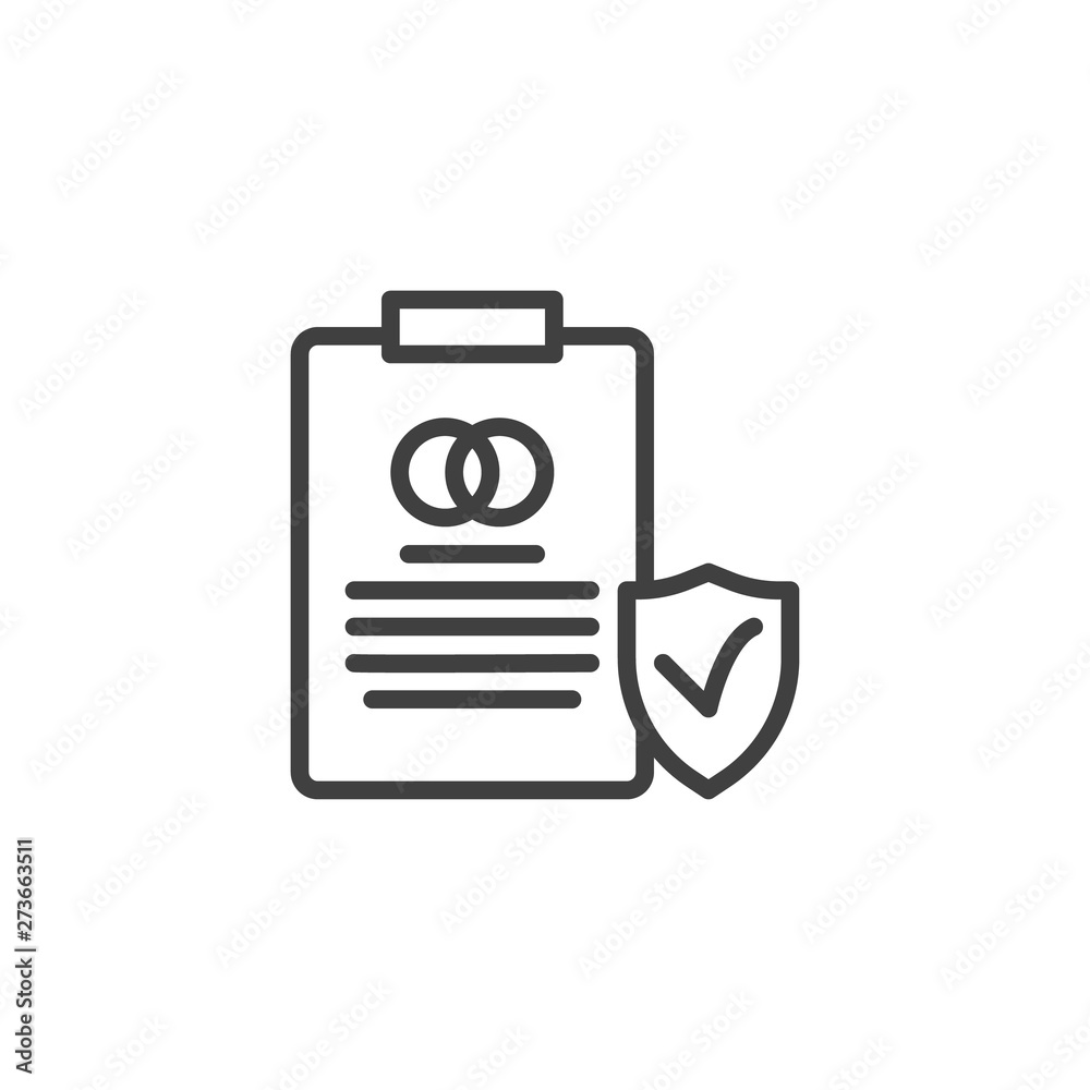 Prenuptial agreement document line icon. Couple divorce linear style sign for mobile concept and web design. Marriage contract insurance outline vector icon. Symbol, logo illustration. Vector graphics Prenuptial agreement document line icon. Couple divorce linear style sign for mobile concept and web design. Marriage contract insurance outline vector icon. Symbol, logo illustration. Vector graphics