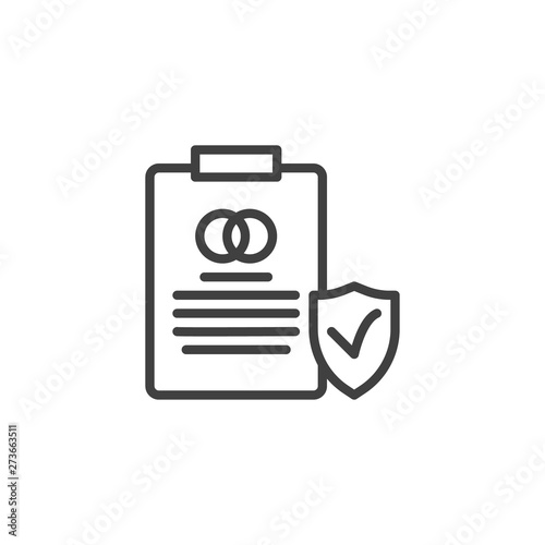 Prenuptial agreement document line icon. Couple divorce linear style sign for mobile concept and web design. Marriage contract insurance outline vector icon. Symbol, logo illustration. Vector graphics
