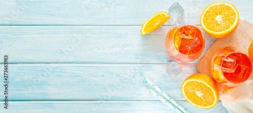 Panel kuchenny z motywem Aperol and ingredients drinks on wood background, copy space