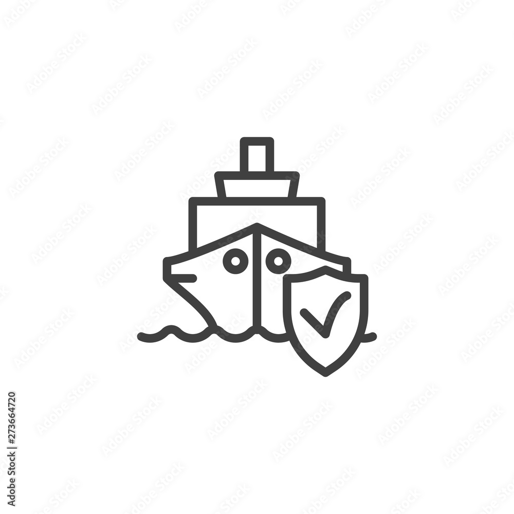 Ship insurance line icon. linear style sign for mobile concept and web design. Ship boat with protection shield outline vector icon. Symbol, logo illustration. Vector graphics Ship insurance line icon. linear style sign for mobile concept and web design. Ship boat with protection shield outline vector icon. Symbol, logo illustration. Vector graphics