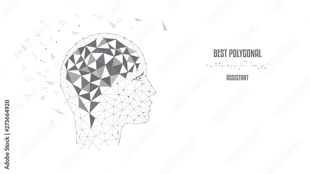 Concept of thinking human, visualization of process of thinking. Silhouette of polygonal head and brain. Polygonal illustration of triangles and points. Black and white. Low poly. Concept of thinking human, visualization of process of thinking. Silhouette of polygonal head and brain. Polygonal illustration of triangles and points. Black and white. Low poly.