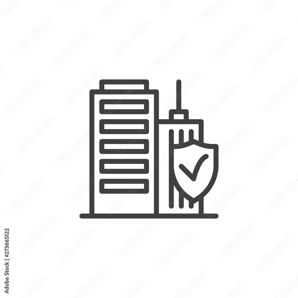Real estate insurance line icon. linear style sign for mobile concept and web design. Office buildings with protection shield outline vector icon. Symbol, logo illustration. Vector graphics Real estate insurance line icon. linear style sign for mobile concept and web design. Office buildings with protection shield outline vector icon. Symbol, logo illustration. Vector graphics