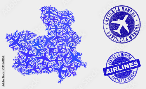 Air plane vector Castile-La Mancha Province map mosaic and scratched stamps. Abstract Castile-La Mancha Province map is organized with blue flat random air plane symbols and map markers.
