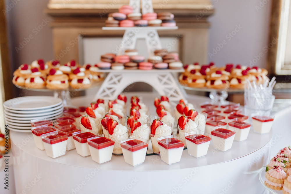 Different Delicious Sweet Cream and Berries Treat. Bowl of Yogurt with Strawberry and Panna Cotta Dessert, Eclair with Raspberry and Macaroon on Eiffel Tower on Background. Wedding Celebrating Table