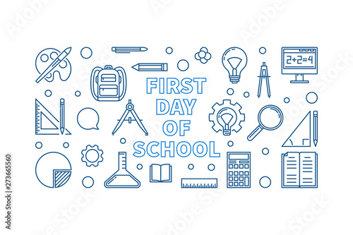 First Day of School concept horizontal banner in thin line style. Vector illustration