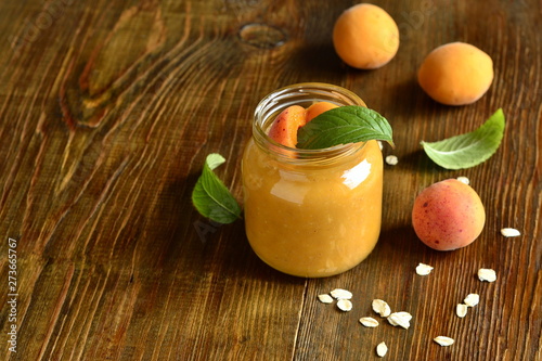 Oatmeal smoothies with fresh apricots, copy space