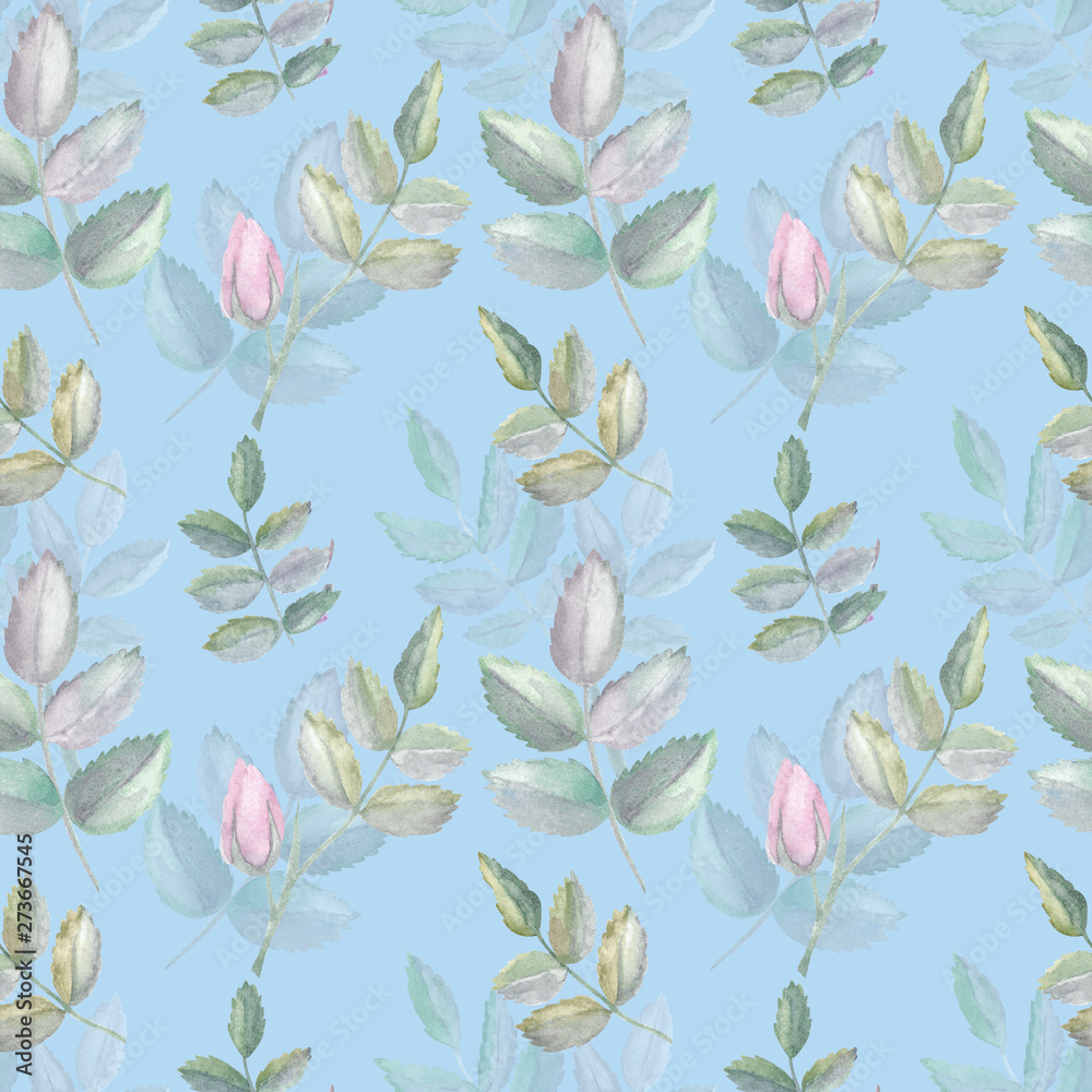 Seamless pattern with leaves and buds. Watercolor illustration. Twigs isolated on blue background Seamless pattern with leaves and buds. Watercolor illustration. Twigs isolated on blue background